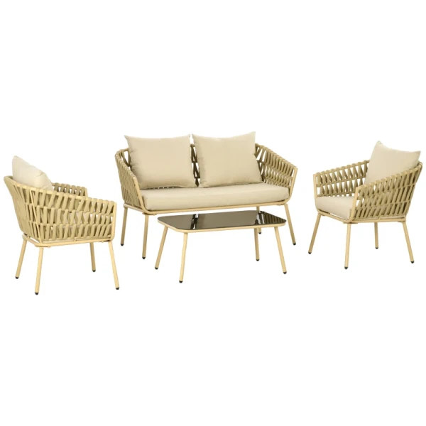 Tuinmeubelset, 4-delig, Decoratief Rotan-design, Tafel Met Glazen Blad, Inclusief Zitkussen, Weerbestendig, Kaki 10