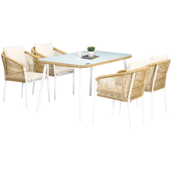 Tuinset, 5-delig, Rotan Look, Zit- En Rugkussens, Roestvrij Aluminium Frame, Geel/wit/beige 1