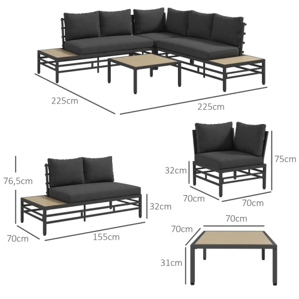 Tuinzitgroep Tuinmeubelset Loungeset, 1 Salontafel, 2 Bijzettafels, 2 Banken, Donkergrijs + Lichtbruin + Zwart 3