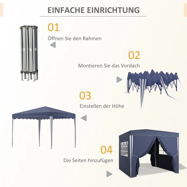 Vouwpaviljoen, Tuinpaviljoen, In Hoogte Verstelbaar, 2 Grote Ramen, Draagtas, Metalen Frame, 3x3m, Blauw 4