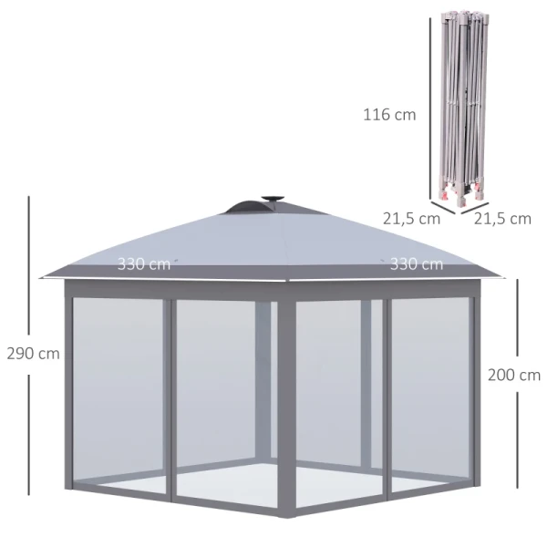 Vouwpaviljoen Van 3,3 X 3,3 M Met LED-verlichting, Gaasgordijnen, Draagtas, Grijs 3