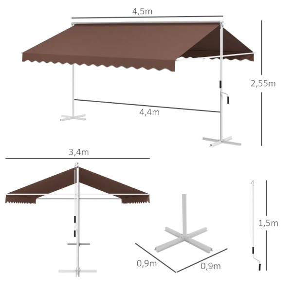 Vrijstaande Luifel 4,5x3,4m, Kantelbaar, Zwengel, Metalen Frame, Bruin 3