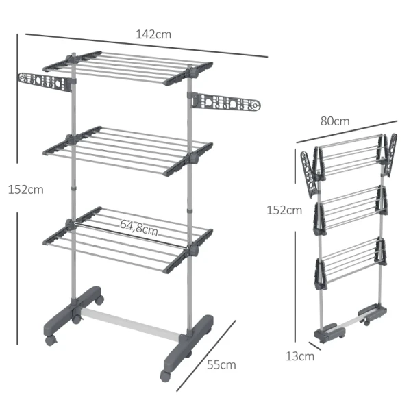 Wasdroger. 4 Niveaus, Opvouwbaar, één-klik-systeem, 142cm X 55cm X 152cm Blauw + Zilver 3