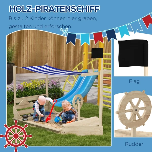 Zandbak Met Schuifdak Piratenschip, Inclusief Kinderkeukenspeelset, Massief Hout, 180 X 103 X 144,5 Cm, Naturel + Blauw 4