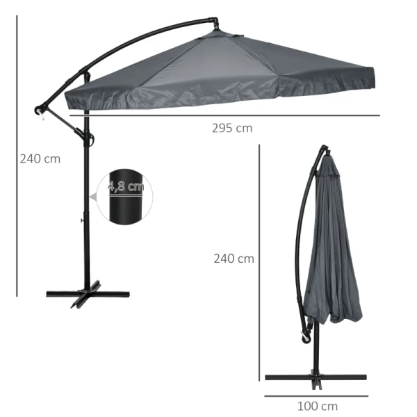 Zweefparasol 3m, Draaibaar, Handslinger, RVS, Polyester, Donkergrijs/zwart 3