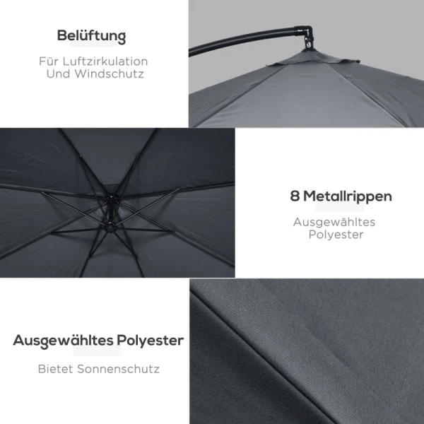 Zweefparasol 3m, Draaibaar, Handslinger, RVS, Polyester, Donkergrijs/zwart 5