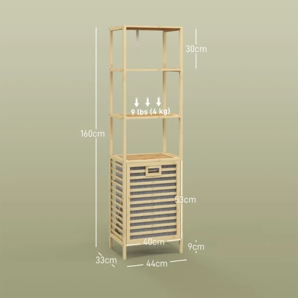 Badkamerplank, Met Wasverzamelaar, 3 Planken, Bamboe Frame, 44x33x160cm, Naturel 3