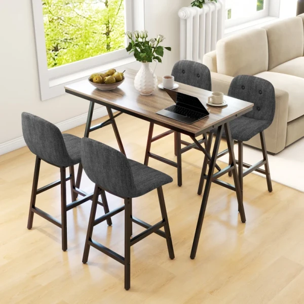 5-delige Barset, Tafel En 4 Stoelen, Knoopstiksel, Dikke Vulling, Linnenlook, Lichtbruin 7