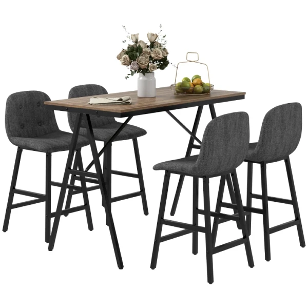 5-delige Barset, Tafel En 4 Stoelen, Knoopstiksel, Dikke Vulling, Linnenlook, Lichtbruin 1