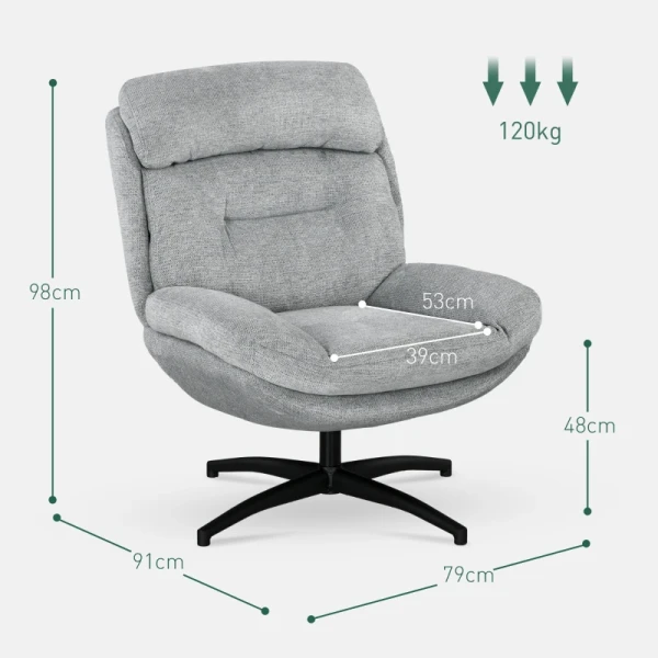 Draaifauteuil, 360 Graden Draaibaar, Chenille Stof, Geïntegreerde Armleuningen, Stalen Poten, Grijs, Zwart 3