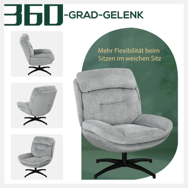 Draaifauteuil, 360 Graden Draaibaar, Chenille Stof, Geïntegreerde Armleuningen, Stalen Poten, Grijs, Zwart 4