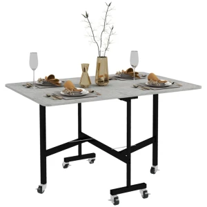 Eettafel Voor 4-6 Personen, Klaptafel Met Wielen, Stalen Frame, 52,5-120 X 80 X 73 Cm, Grijs 1