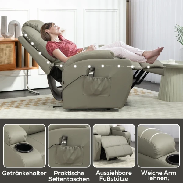 Elektrische Relaxfauteuil Met Opstahulp, Bekerhouder, 4 Vakken, 84x92x109 Cm, Lichtgrijs 6