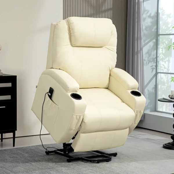 Elektrische Relaxfauteuil Met Opstahulp, Ligstoel, Bekerhouder, Kunstleer, Crèmewit 2