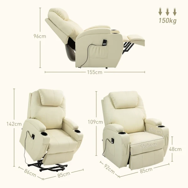 Elektrische Relaxfauteuil Met Opstahulp, Ligstoel, Bekerhouder, Kunstleer, Crèmewit 3