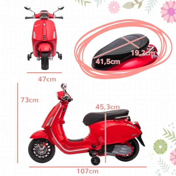 Elektrische Scooter Voor Kinderen, Vespa, Muziek & Koplampen, 107x47x73 Cm, Rood 3