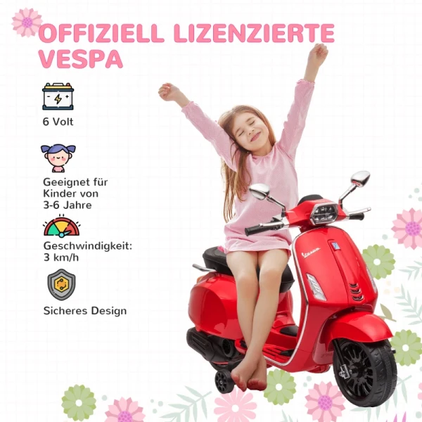 Elektrische Scooter Voor Kinderen, Vespa, Muziek & Koplampen, 107x47x73 Cm, Rood 4