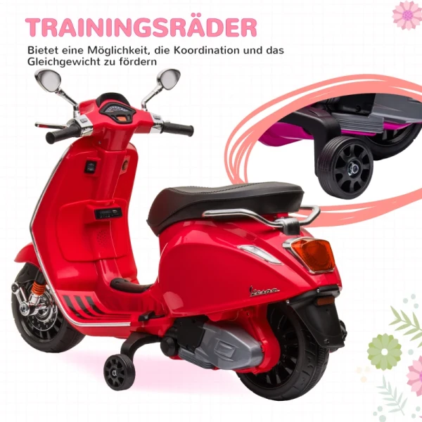 Elektrische Scooter Voor Kinderen, Vespa, Muziek & Koplampen, 107x47x73 Cm, Rood 6