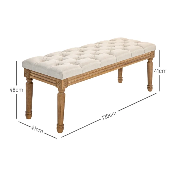 Gestoffeerde Bank Met Knoopstiksel, Bedbank, Vintage Design, 120x41x48cm, Crèmewit 3