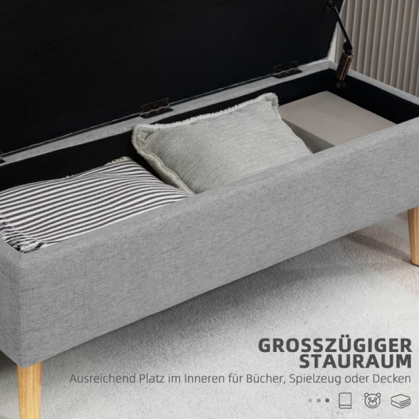 Gestoffeerde Bank Met Opbergruimte, Linnenlook Bekleding, Rubberhouten Poten, Tot 120 Kg, 110x39x45cm, Grijs 4