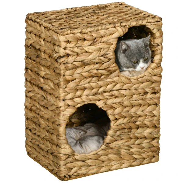 Kattenhuis 2-laags Met 2 Slaapgrotten, Wasbare Kussens, Waterhyacint, 40x31x55 Cm, Lichtbruin 10