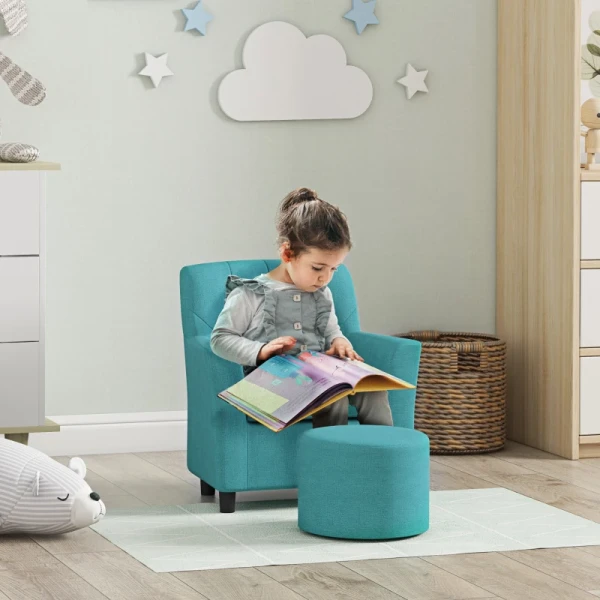 Kinderfauteuil Met Kruk, Rugleuning Ruitpatroon, Zachte Zitting, Houten Frame, Blauw 2