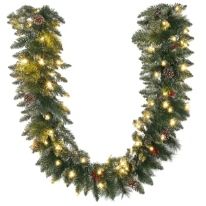 Kunstkerstslinger Van 1,8 M Met Kerstverlichting Bloemdecoratie Groen 1