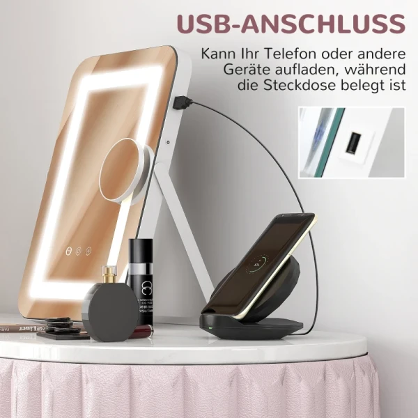 LED-make-upspiegel, 3 Lichtmodi, Dimbaar, Aanraakbediening, USB, 31x41,5cm, Wit 4