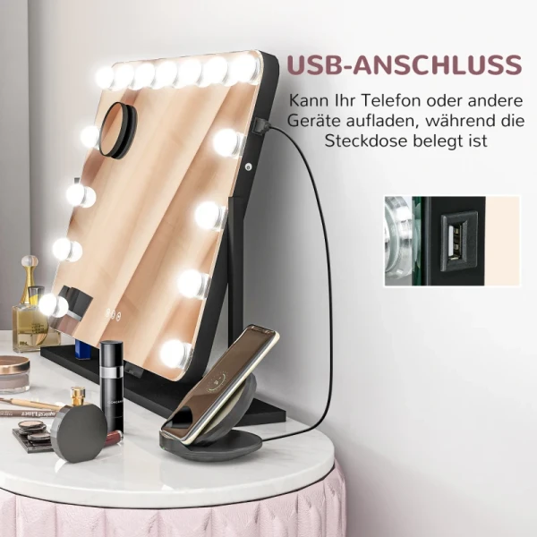 LED-make-upspiegel, 3 Lichtmodi, Dimbaar, Aanraakbediening, USB, 62,5x49,5cm, Zwart 5