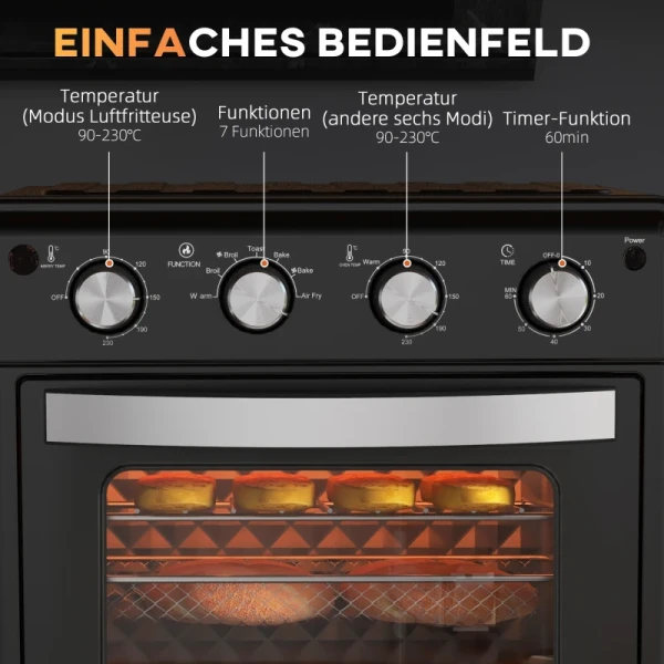 Mini-oven, Heteluchtfriteuse, 90-230 C, 7 Programma's, Accessoires, Zwart 7