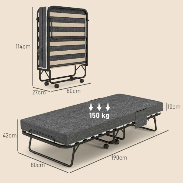 Opklapbed, Matras, 4 Wielen, Metalen Frame, Tot 150 Kg, 190 X 80 X 42 Cm, Donkergrijs 3