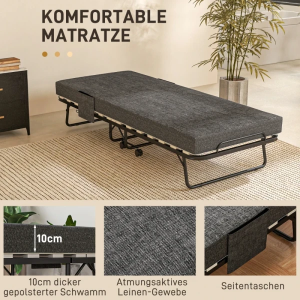 Opklapbed, Matras, 4 Wielen, Metalen Frame, Tot 150 Kg, 190 X 80 X 42 Cm, Donkergrijs 4