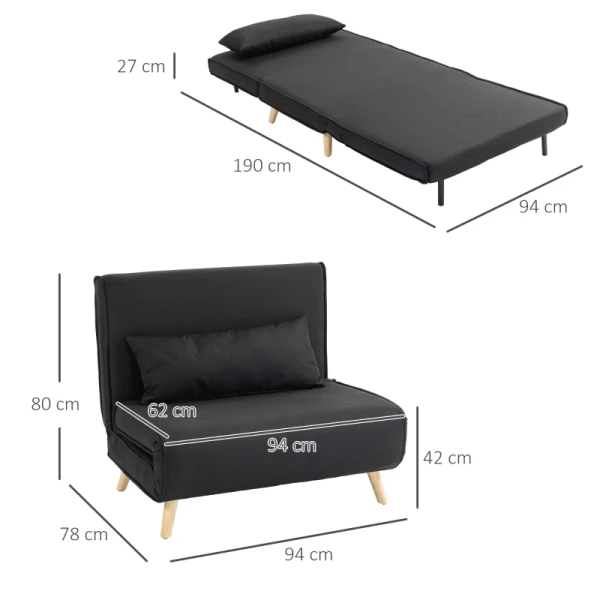 Relaxstoel Met Bedfunctie, Voor 1 Persoon, Modern Design, Tot 350 Kg, 94x78x80cm, Zwart 3