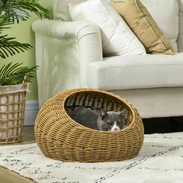 Rotan Kattenmand, Kattenhuis, Kattenhuis Met Kussen Voor Katten Tot 4 Kg, Huisdierbed, Kattengrot, Binnen, PE Rotan, 50 X 31 Cm, Lichtbruin 2