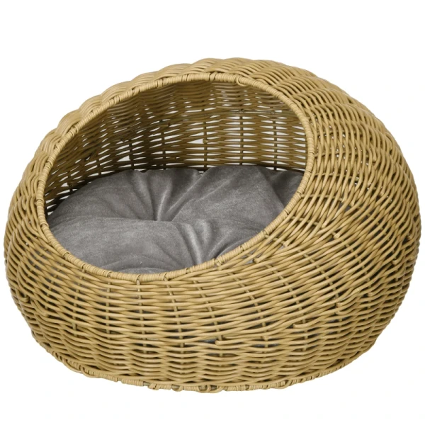 Rotan Kattenmand, Kattenhuis, Kattenhuis Met Kussen Voor Katten Tot 4 Kg, Huisdierbed, Kattengrot, Binnen, PE Rotan, 50 X 31 Cm, Lichtbruin 1