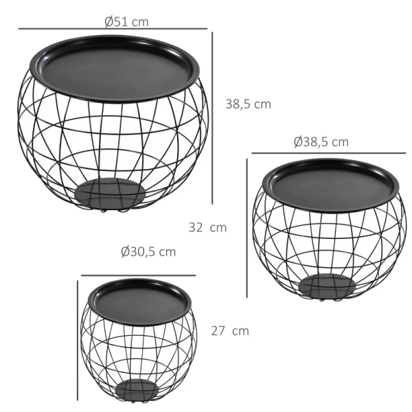 Salontafelset 3-delig, Afneembaar Tafelblad, Stalen Frame, Glanzend Zwart, Diverse Maten 3