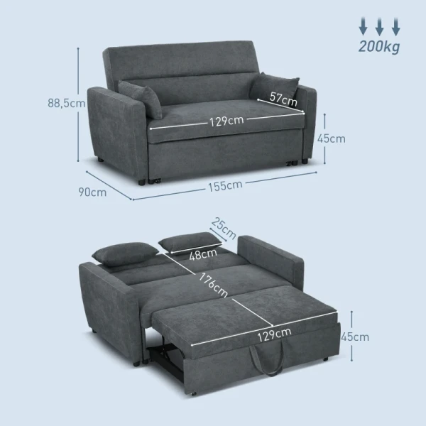 Slaapbank, 2-zits, Uitklapbaar, Tot 200 Kg, Houten Frame, 155x90x88,5cm, Donkergrijs 3