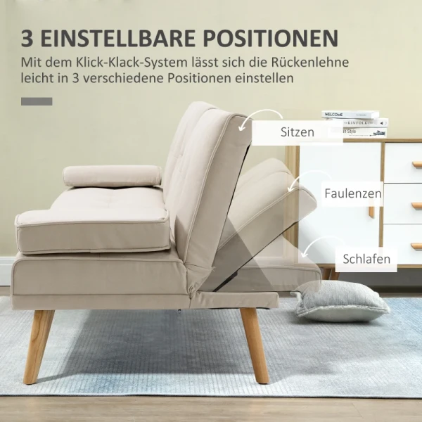 3-zits Slaapbank, Kantelbare Rugleuning Met Klaptafel, Twee Armkussens, Linnenlook, Beige, 181 X 77 X 78 Cm 5