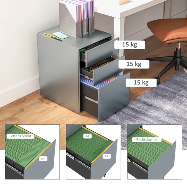 Archiefkast, Rolcontainer, 2 Laden & Hangmappen, Slot, Stalen Behuizing, 39x48x59 Cm, Grijs 8