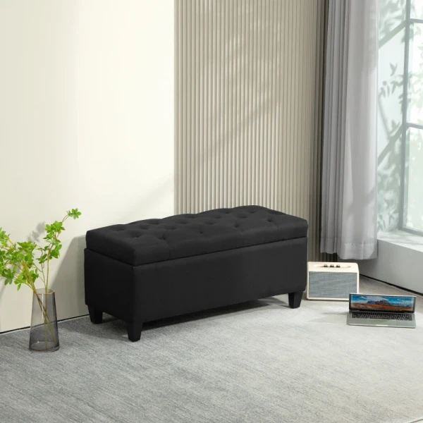 Bank Met Opbergruimte, Borstbank, Linnenachtig Polyester, Rubberhout, Zwart, 100 X 40 X 44 Cm 2