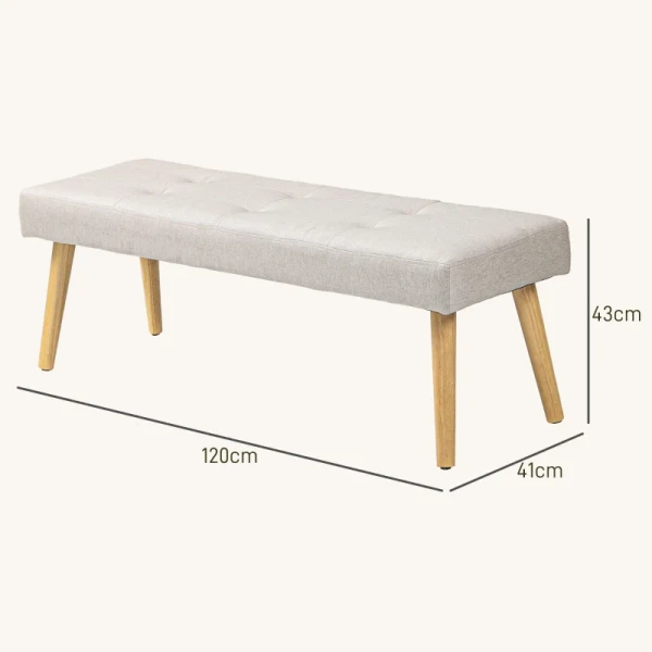 Bedbank, Bank, Zachte Bekleding, Linnenlook, Tot 120 Kg, Naturel Houten Poten, 120x41x43cm, Crème 3