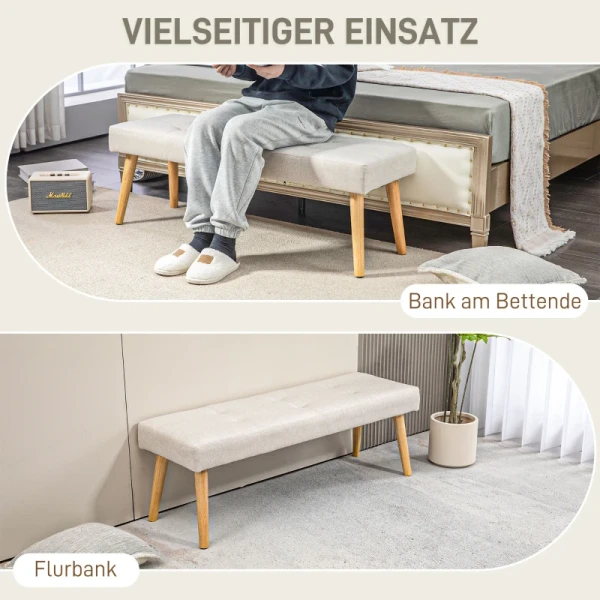 Bedbank, Bank, Zachte Bekleding, Linnenlook, Tot 120 Kg, Naturel Houten Poten, 120x41x43cm, Crème 6