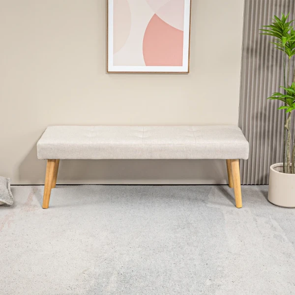 Bedbank, Bank, Zachte Bekleding, Linnenlook, Tot 120 Kg, Naturel Houten Poten, 120x41x43cm, Crème 9