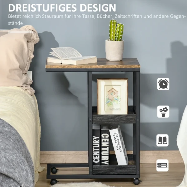 Bijzettafel Met Wielen Voor Bank Of Bed, Industriële Stijl, Staal En Hout, Bruin En Zwart 5