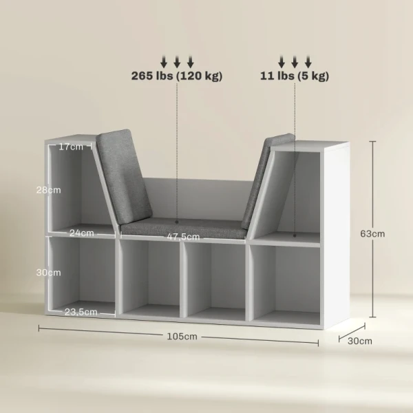 Boekenkast Met Zitting, 6 Vakken, Gewatteerd, 105 X 30 X 63 Cm, Wit 3