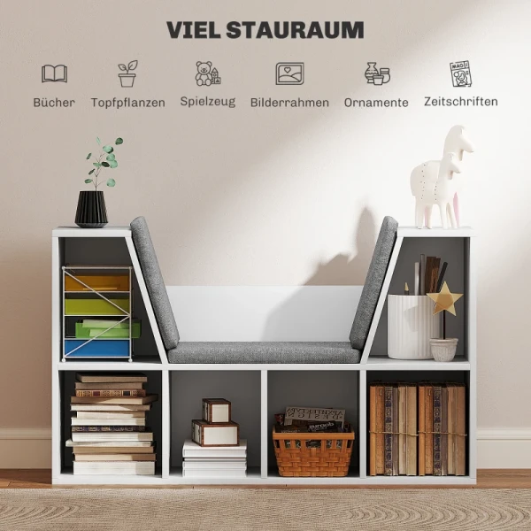 Boekenkast Met Zitting, 6 Vakken, Gewatteerd, 105 X 30 X 63 Cm, Wit 4