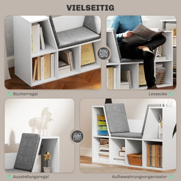 Boekenkast Met Zitting, 6 Vakken, Gewatteerd, 105 X 30 X 63 Cm, Wit 5