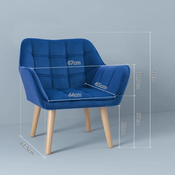 Gestoffeerde Fauteuil, Accentfauteuil, Scandi Design, Fluwelen Look, Tot 120 Kg, Rubberhouten Poten, Blauw 3