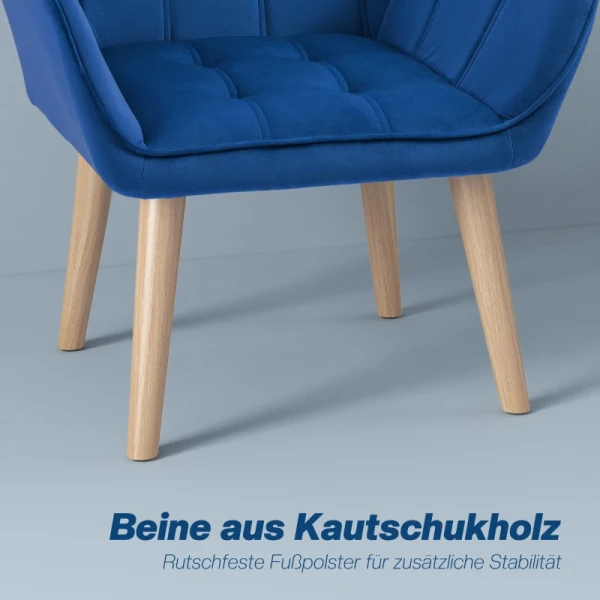 Gestoffeerde Fauteuil, Accentfauteuil, Scandi Design, Fluwelen Look, Tot 120 Kg, Rubberhouten Poten, Blauw 6