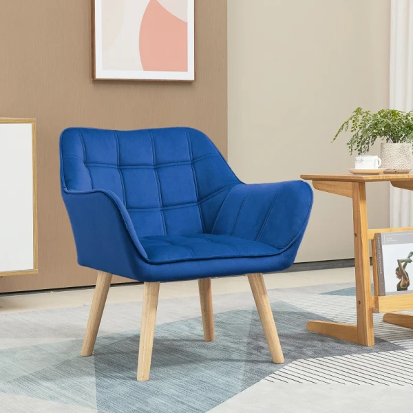 Gestoffeerde Fauteuil, Accentfauteuil, Scandi Design, Fluwelen Look, Tot 120 Kg, Rubberhouten Poten, Blauw 7